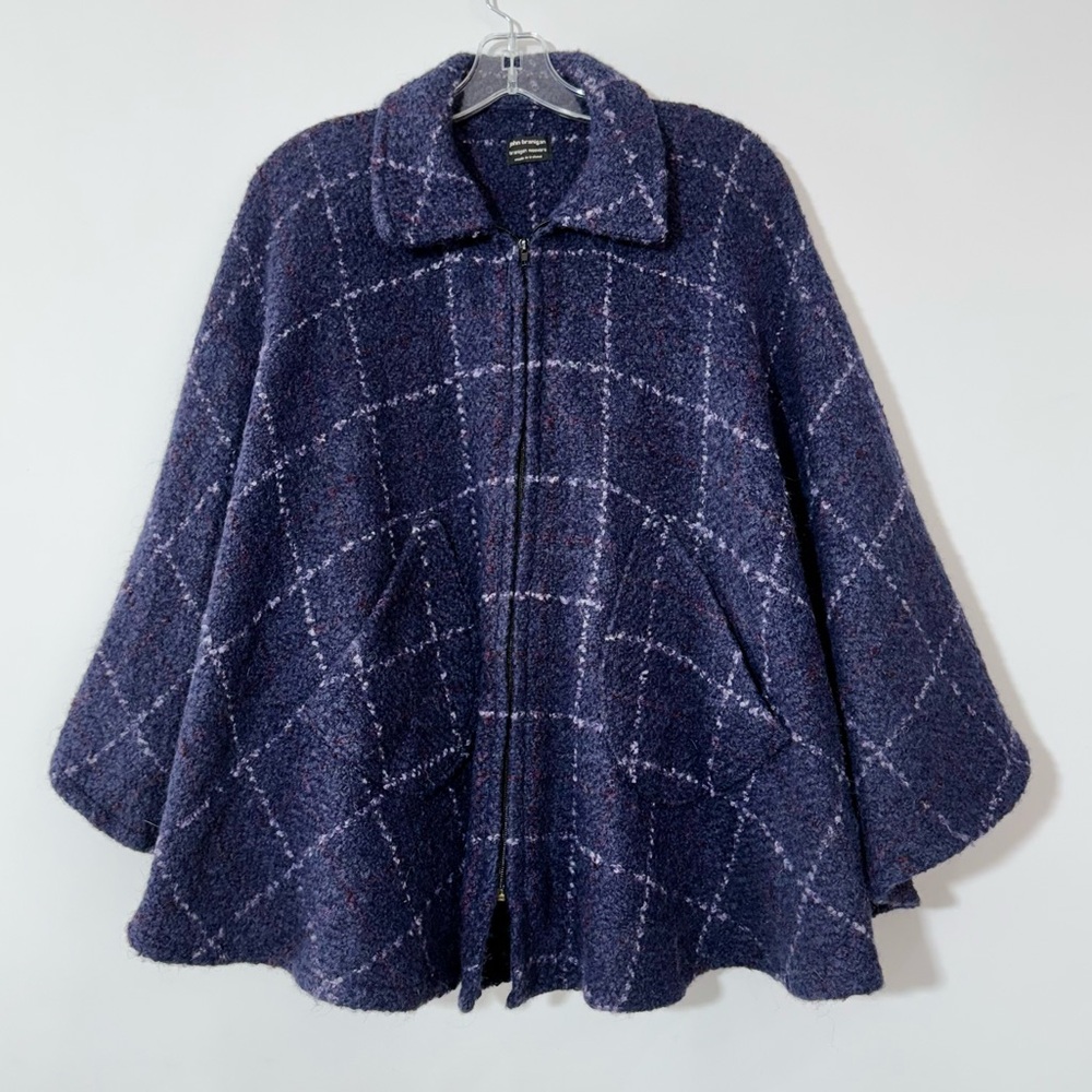 John Branigan Weavers Ireland Poncho Cape Jacket Blue Plaid Wool Tweed Boucle OS - Picture 9 of 16
